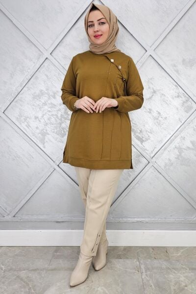 KADIN TAŞ VE DÜĞME DETAYLI TESETTÜR TUNİK YAĞ YEŞİLİ - L