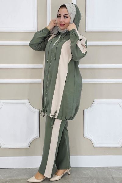 PYS KADIN DİKME DETAYLI KAPÜŞONLU TESETTÜR TAKIM HAKİ - 2 BEDEN