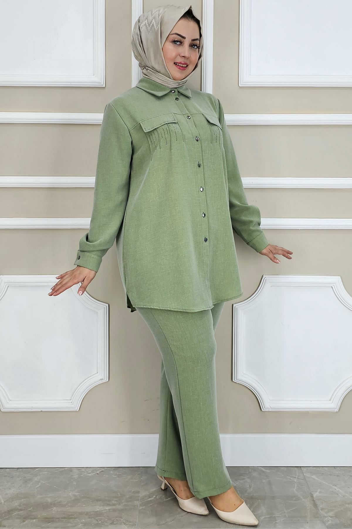 PYS KADIN TAŞ DETAYLI TESETTÜR TAKIM YEŞİL - 5 BEDEN