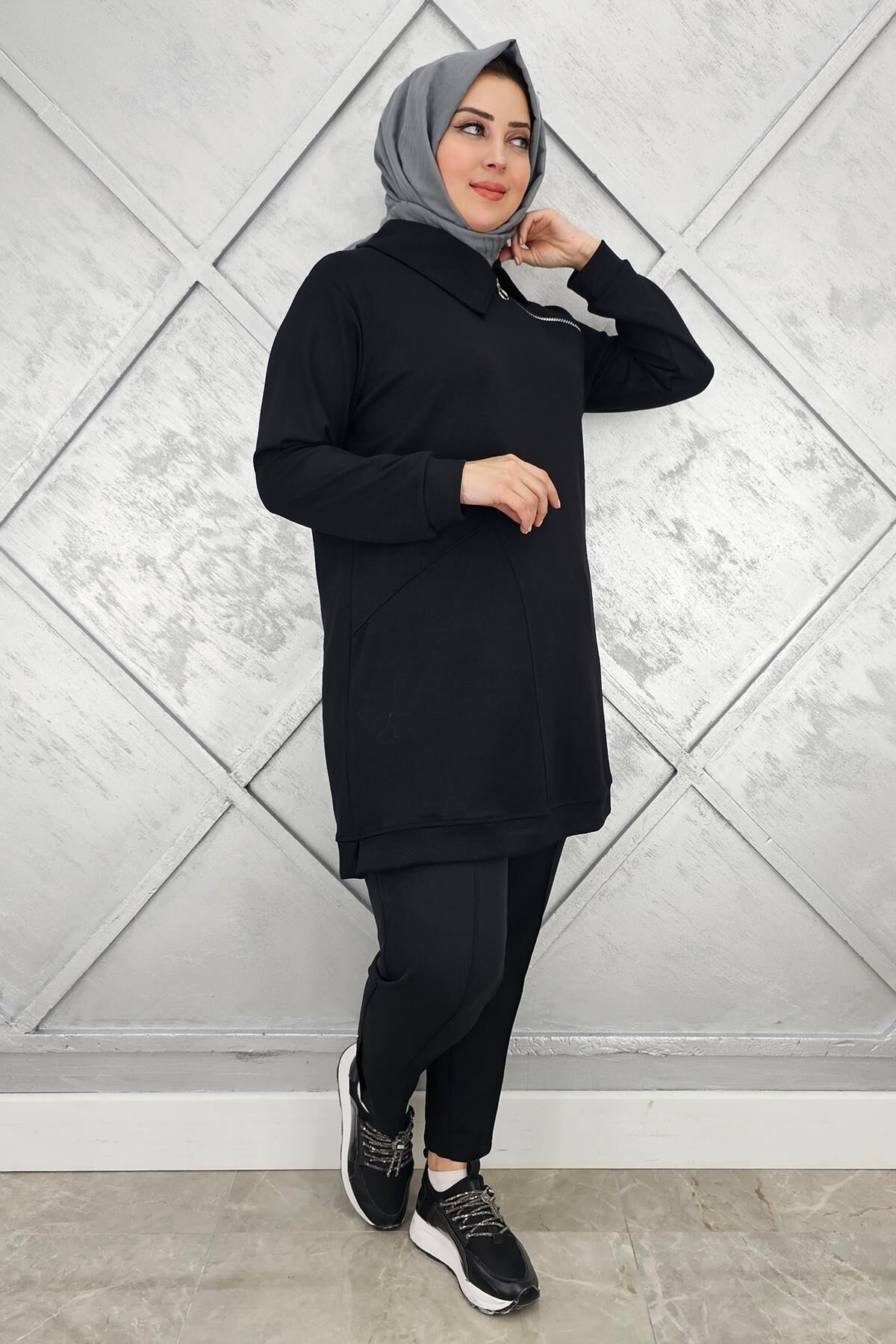 KADIN FERMUAR DETAYLI TESETTÜR TUNİK SİYAH - 2 BEDEN