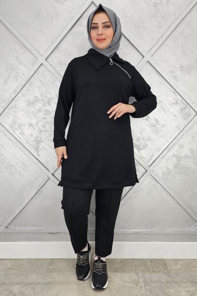 KADIN FERMUAR DETAYLI TESETTÜR TUNİK SİYAH - 2 BEDEN