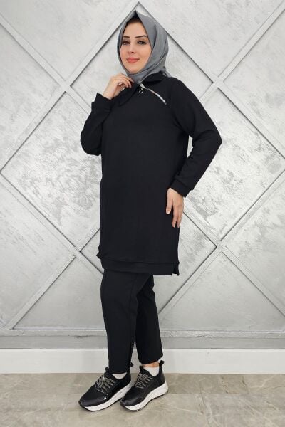 KADIN FERMUAR DETAYLI TESETTÜR TUNİK SİYAH - 2 BEDEN