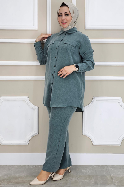 PYS KADIN TAŞ DETAYLI TESETTÜR TAKIM PETROL YEŞİLİ - 2 BEDEN