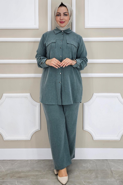 PYS KADIN TAŞ DETAYLI TESETTÜR TAKIM PETROL YEŞİLİ - 2 BEDEN