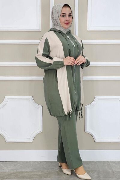 PYS KADIN DİKME DETAYLI KAPÜŞONLU TESETTÜR TAKIM HAKİ - 4 BEDEN