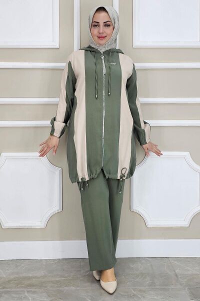 PYS KADIN DİKME DETAYLI KAPÜŞONLU TESETTÜR TAKIM HAKİ - 4 BEDEN