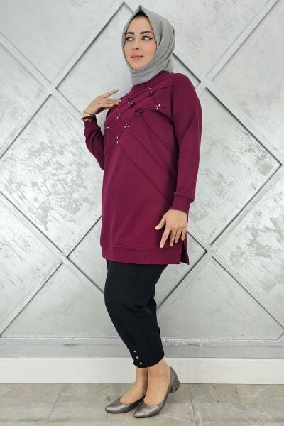KADIN DİKME VE TAŞ DETAYLI TESETTÜR TUNİK BORDO - 5 BEDEN