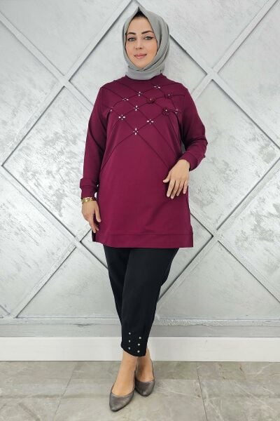 KADIN DİKME VE TAŞ DETAYLI TESETTÜR TUNİK BORDO - 5 BEDEN