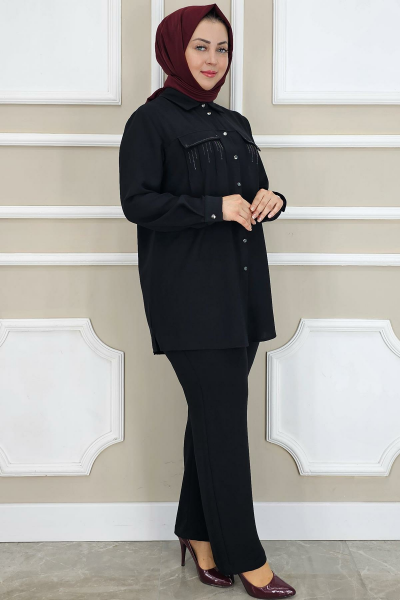 PYS KADIN TAŞ DETAYLI TESETTÜR TAKIM SİYAH - 2 BEDEN