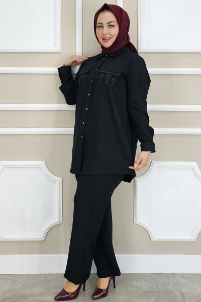 PYS KADIN TAŞ DETAYLI TESETTÜR TAKIM SİYAH - 2 BEDEN