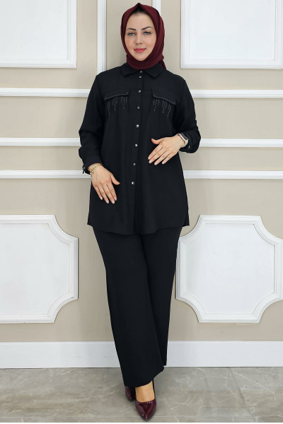 PYS KADIN TAŞ DETAYLI TESETTÜR TAKIM SİYAH - 2 BEDEN