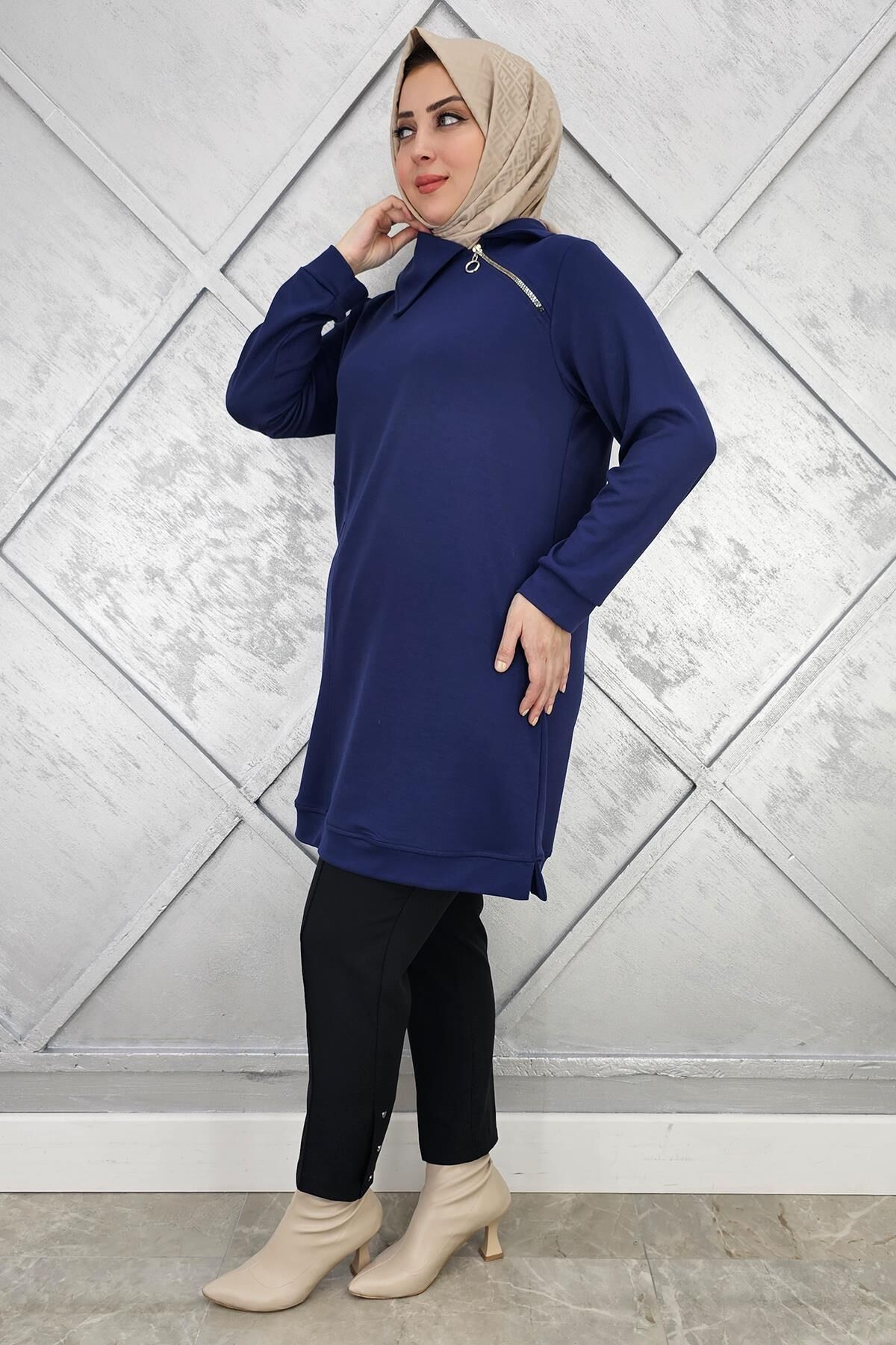 KADIN FERMUAR DETAYLI TESETTÜR TUNİK LACİVERT - 4 BEDEN