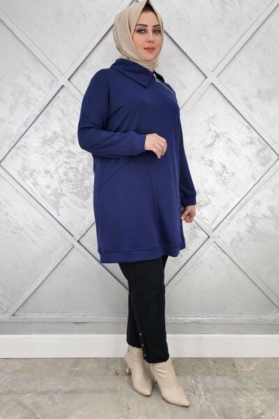 KADIN FERMUAR DETAYLI TESETTÜR TUNİK LACİVERT - 4 BEDEN