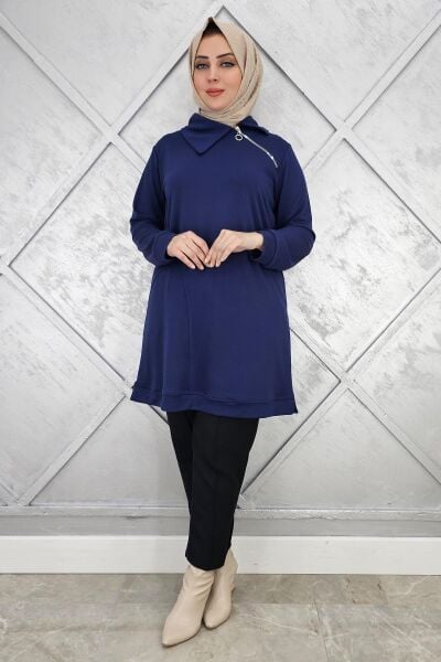 KADIN FERMUAR DETAYLI TESETTÜR TUNİK LACİVERT - 4 BEDEN