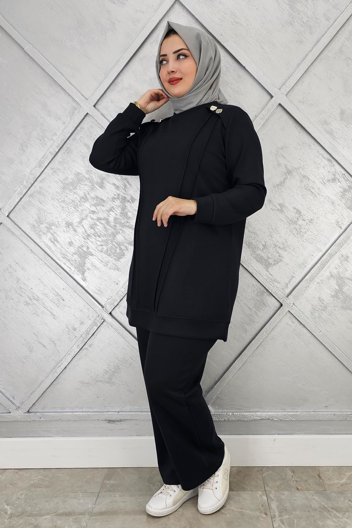 KADIN DÜĞME DETAYLI NERVÜR DİKİM TESETTÜR TAKIM SİYAH - 5 BEDEN