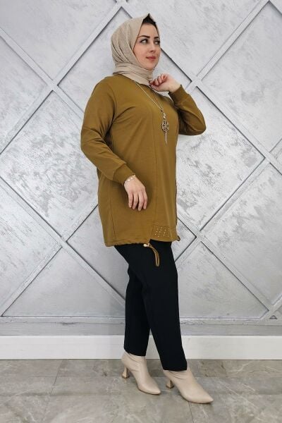 KADIN TAŞ VE KOLYE  DETAYLI TESETTÜR TUNİK YAĞ YEŞİLİ - 2 BEDEN