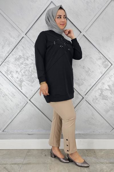 KADIN DİKME VE TAŞ DETAYLI TESETTÜR TUNİK SİYAH - 4 BEDEN