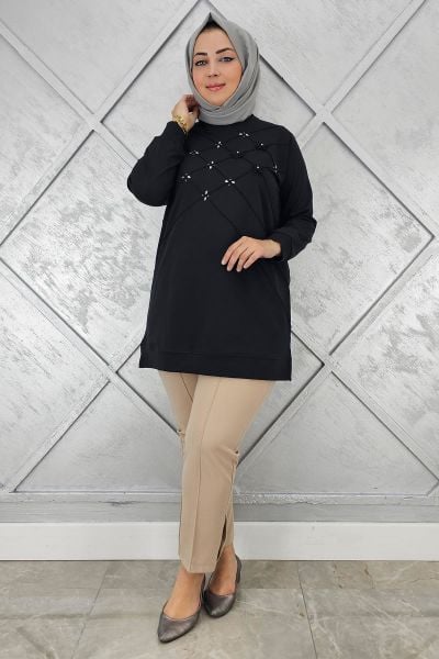 KADIN DİKME VE TAŞ DETAYLI TESETTÜR TUNİK SİYAH - 4 BEDEN