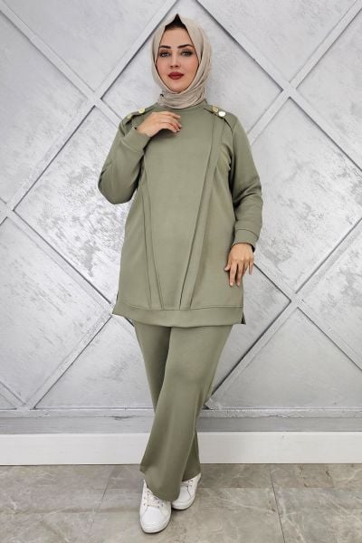 KADIN DÜĞME DETAYLI NERVÜR DİKİM TESETTÜR TAKIM HAKİ - 5 BEDEN