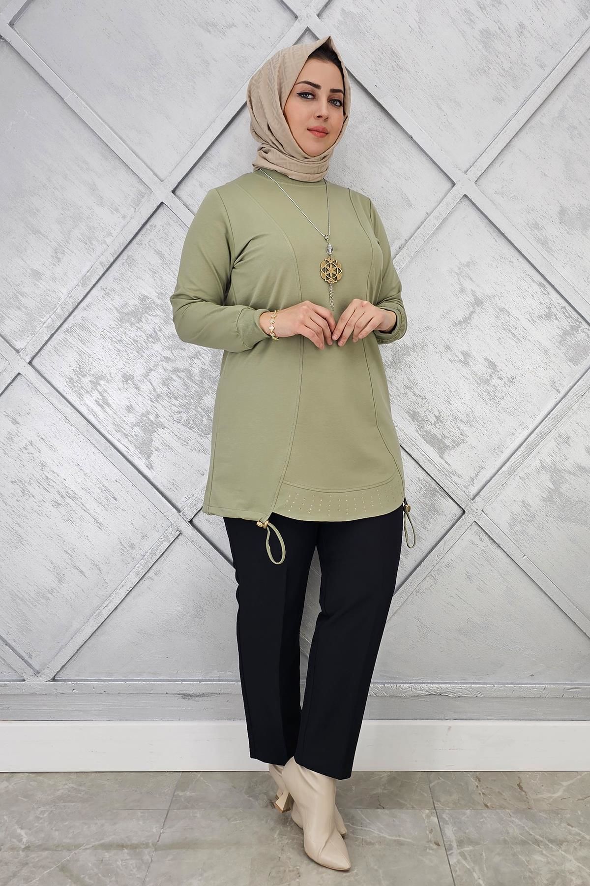 KADIN TAŞ VE KOLYE  DETAYLI TESETTÜR TUNİK MİNT YEŞİLİ - 5 BEDEN