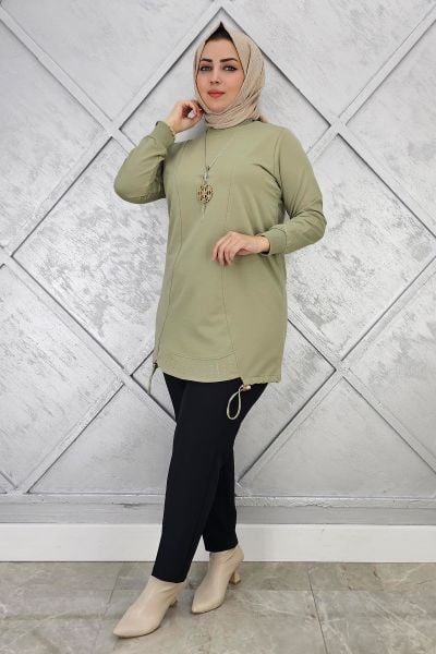 KADIN TAŞ VE KOLYE  DETAYLI TESETTÜR TUNİK MİNT YEŞİLİ - 5 BEDEN