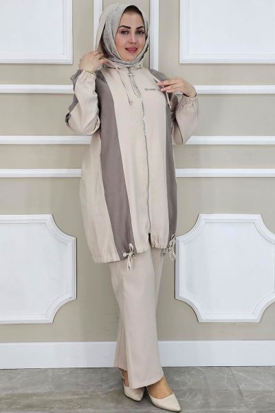 PYS KADIN DİKME DETAYLI KAPÜŞONLU TESETTÜR TAKIM TAŞ - 2 BEDEN