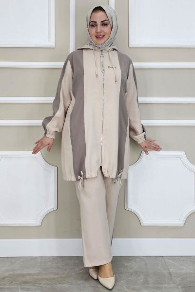 PYS KADIN DİKME DETAYLI KAPÜŞONLU TESETTÜR TAKIM TAŞ - 2 BEDEN