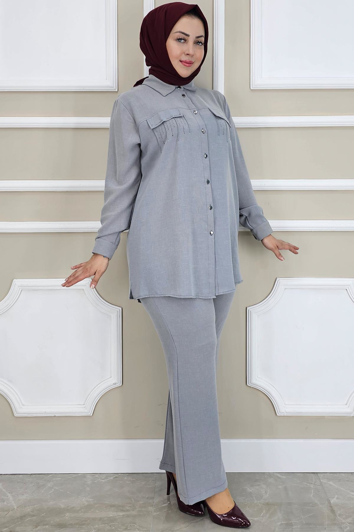 PYS KADIN TAŞ DETAYLI TESETTÜR TAKIM GRİ - 2 BEDEN