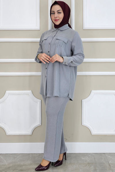 PYS KADIN TAŞ DETAYLI TESETTÜR TAKIM GRİ - 2 BEDEN