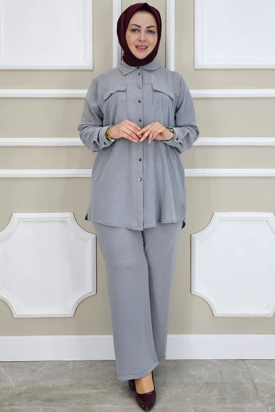 PYS KADIN TAŞ DETAYLI TESETTÜR TAKIM GRİ - 2 BEDEN