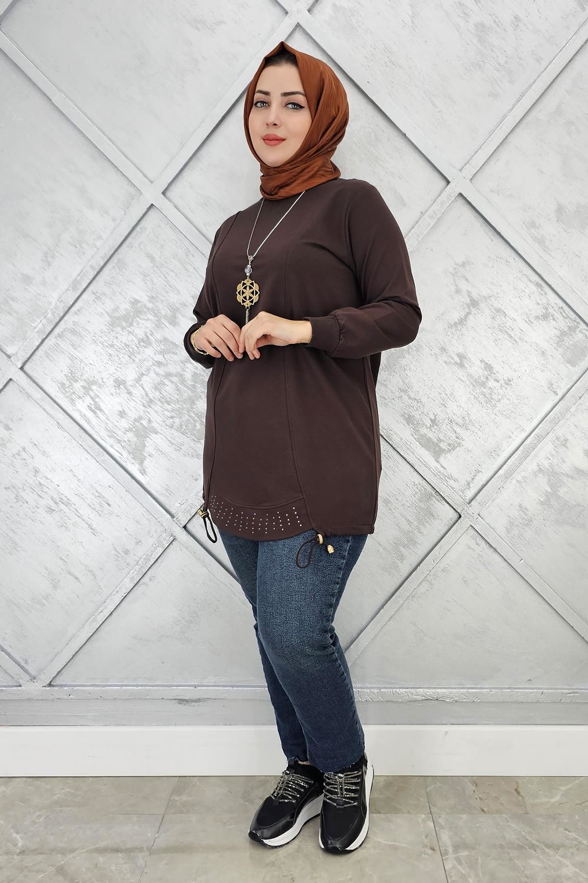 KADIN TAŞ VE KOLYE  DETAYLI TESETTÜR TUNİK KAHVERENGİ - 2 BEDEN