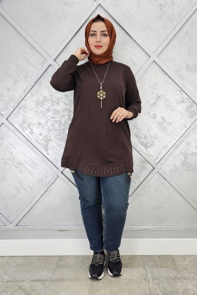 KADIN TAŞ VE KOLYE  DETAYLI TESETTÜR TUNİK KAHVERENGİ - 2 BEDEN