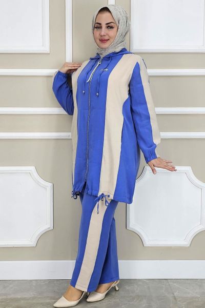 PYS KADIN DİKME DETAYLI KAPÜŞONLU TESETTÜR TAKIM MAVİ - 5 BEDEN