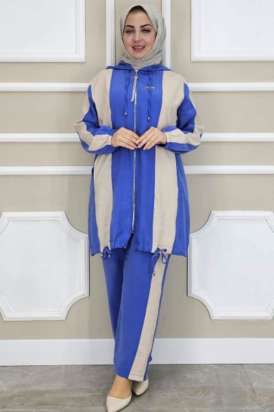 PYS KADIN DİKME DETAYLI KAPÜŞONLU TESETTÜR TAKIM MAVİ - 5 BEDEN