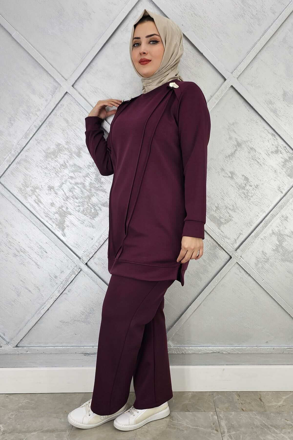 KADIN DÜĞME DETAYLI NERVÜR DİKİM TESETTÜR TAKIM BORDO - 3 BEDEN