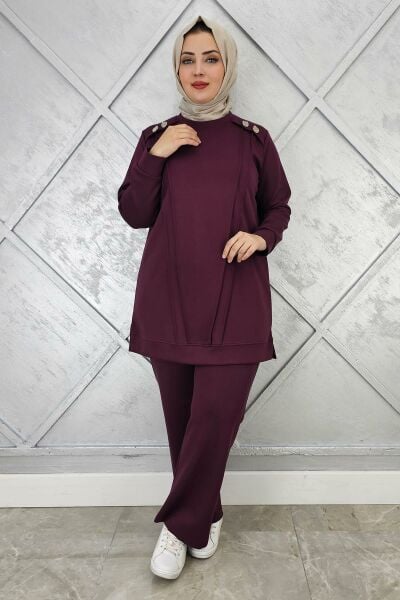 KADIN DÜĞME DETAYLI NERVÜR DİKİM TESETTÜR TAKIM BORDO - 3 BEDEN