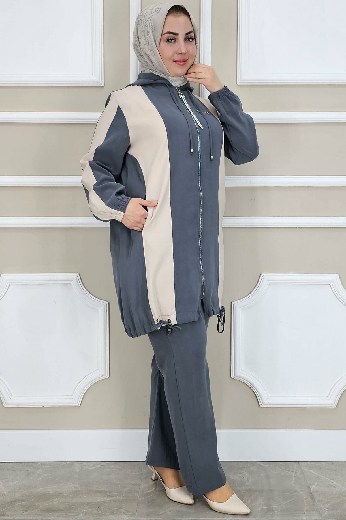 PYS KADIN DİKME DETAYLI KAPÜŞONLU TESETTÜR TAKIM ANTRSİT - 3 BEDEN