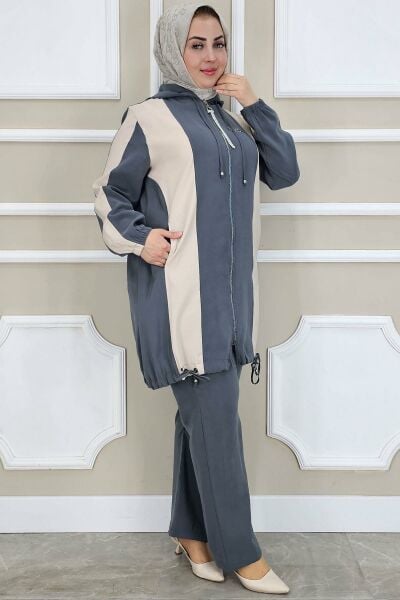 PYS KADIN DİKME DETAYLI KAPÜŞONLU TESETTÜR TAKIM ANTRSİT - 3 BEDEN