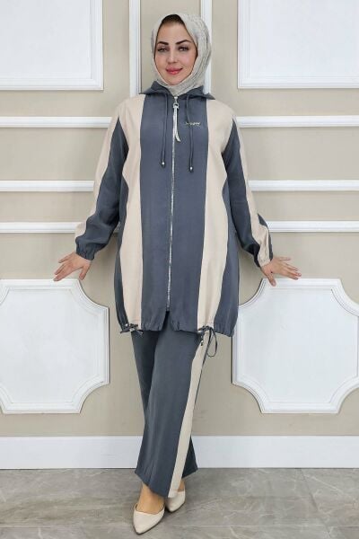 PYS KADIN DİKME DETAYLI KAPÜŞONLU TESETTÜR TAKIM ANTRSİT - 3 BEDEN