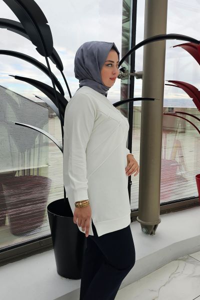 KADIN DİKME VE TAŞ DETAYLI TESETTÜR TUNİK EKRU - 4 BEDEN