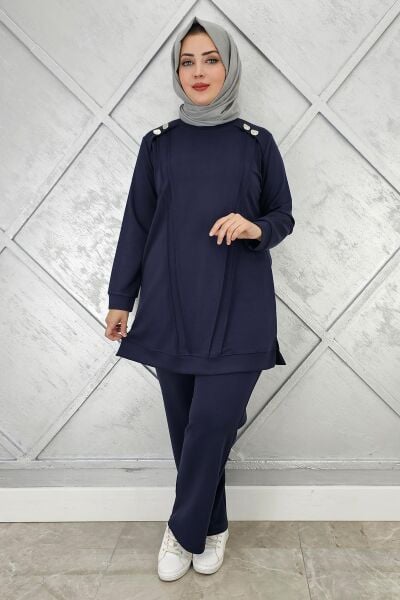 KADIN DÜĞME DETAYLI NERVÜR DİKİM TESETTÜR TAKIM LACİVERT - 2 BEDEN