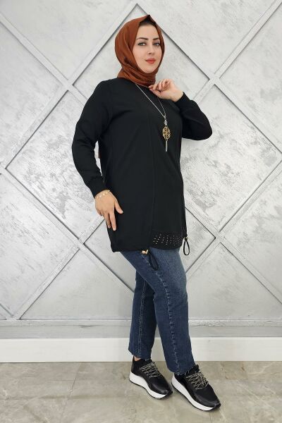KADIN TAŞ VE KOLYE  DETAYLI TESETTÜR TUNİK SİYAH - 3 BEDEN