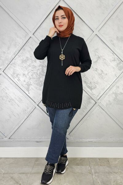 KADIN TAŞ VE KOLYE  DETAYLI TESETTÜR TUNİK SİYAH - 3 BEDEN