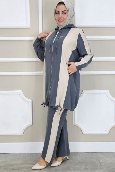 PYS KADIN DİKME DETAYLI KAPÜŞONLU TESETTÜR TAKIM ANTRSİT - 4 BEDEN