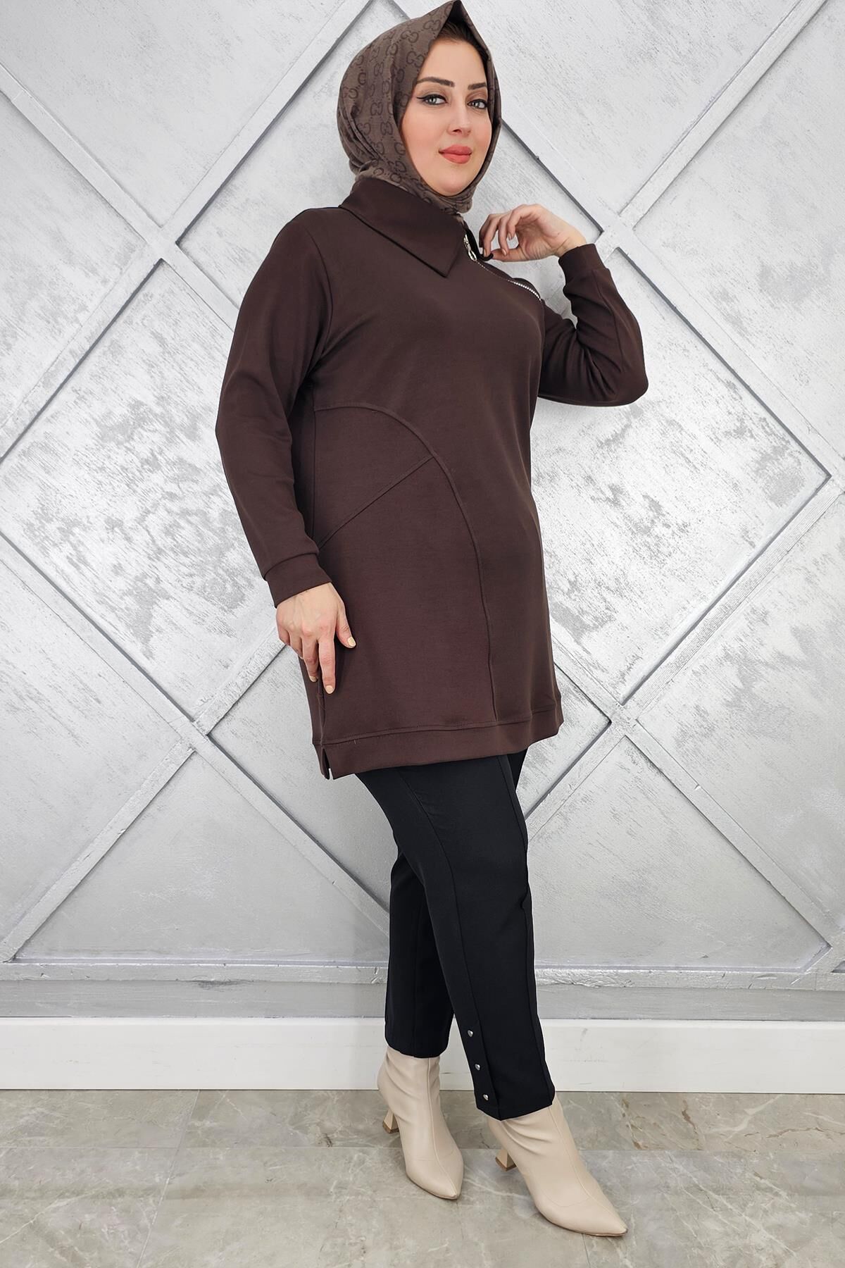KADIN FERMUAR DETAYLI TESETTÜR TUNİK KAHVERENGİ - 3 BEDEN