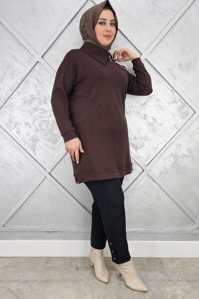KADIN FERMUAR DETAYLI TESETTÜR TUNİK KAHVERENGİ - 3 BEDEN