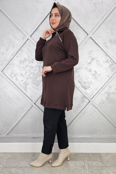 KADIN FERMUAR DETAYLI TESETTÜR TUNİK KAHVERENGİ - 3 BEDEN