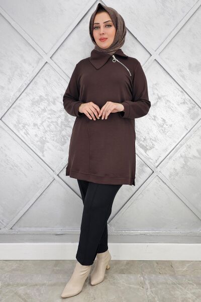 KADIN FERMUAR DETAYLI TESETTÜR TUNİK KAHVERENGİ - 3 BEDEN