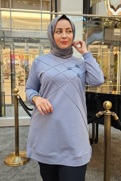 KADIN DİKME VE TAŞ DETAYLI TESETTÜR TUNİK MAVİ - 5 BEDEN