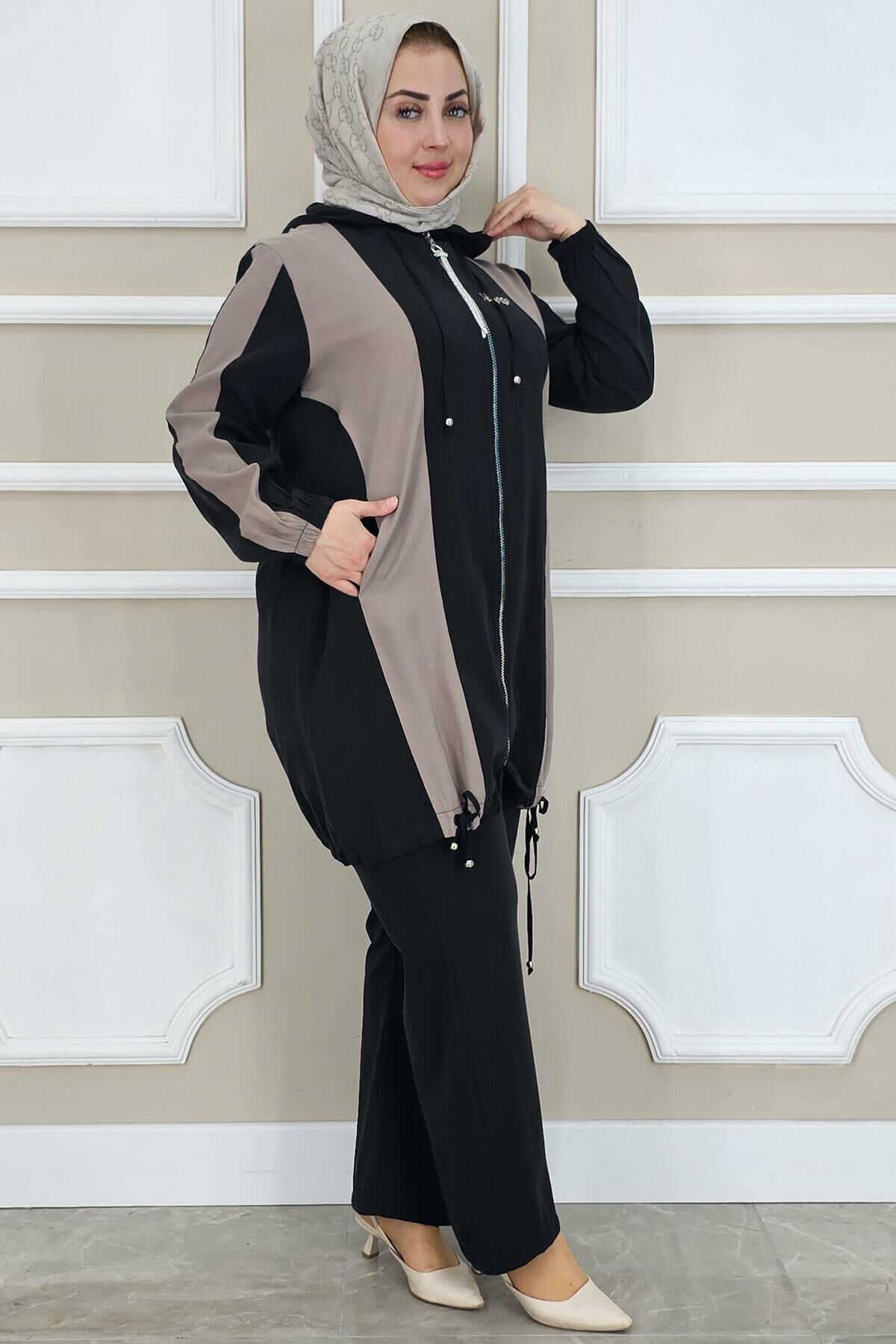 PYS KADIN DİKME DETAYLI KAPÜŞONLU TESETTÜR TAKIM SİYAH - 2 BEDEN